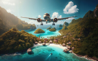 Wall Mural - Light passenger aircraft with one propeller in the front flies over tropical islands in the morning