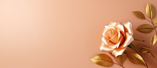 Aufkleber - Greeting card template Top view flat lay with copy space Gold rose with golden leaves on pink background Gold rose flower Summer or autumn composition Art