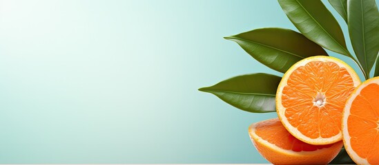 Palm leaf with grapefruit and orange Tropical banner with fruits and a place for an inscription. copy space available