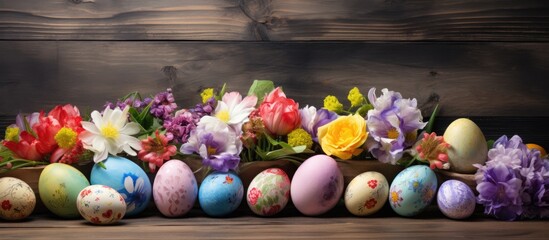 Aufkleber - Happy Easter Celebrate with a delightful display of Easter eggs adorned with blooming spring flowers set against a rustic wooden backdrop Ample space for your creativity