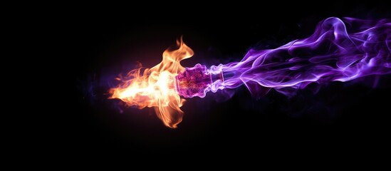 Isolated on a black background there is a top view of a vibrant purple gas flame torch with ample copy space for additional elements