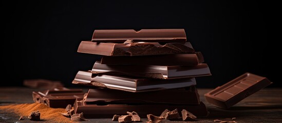 Wall Mural - Chunks of broken chocolate stacked on black board Chocolate bars pieces stack on black background Sweet food photo concept with copy space