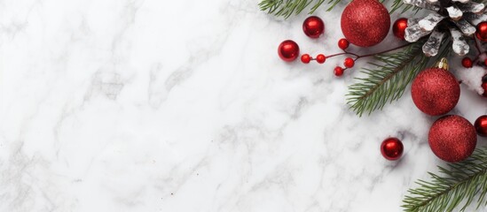 Aufkleber - Christmas flatlay background with fir tree brunch and red decorations on white stone background Long banner format with empty space for your design. copy space available