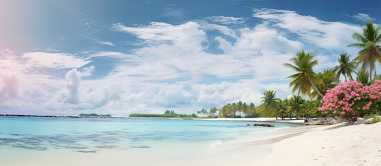 Poster - pink white flowers and green palm tree leaves plant blue sea and cloudy pink sky panorama water wave on white sand at the tropical beach summer holiday. copy space available