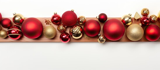 Aufkleber - Holidays new year concept Christmas balls on wooden tray with festive decoration on white background Copy space flat lay top view