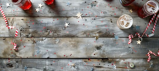 Sticker - Top View of a Grey Wooden Desk with American Flag, Patriotic Bunting, and Festive Beverages, Creating Copy Space