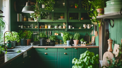 A kitchen with a green countertop and a variety of potted plants