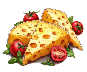 Wall Mural - Cheese with large holes with tomatoes and basil. Maasdam cheese variety. Close-up. Healthy eating concept. Production of natural, farm products.