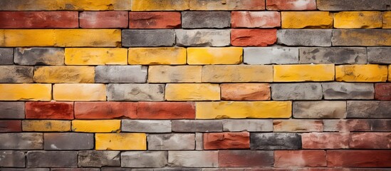 Aufkleber - Brick wall with a vibrant color palette of yellow grey and red serving as a textured background with copy space image