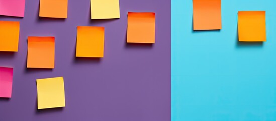 Poster - Orange and purple Sticker notes on blue background Stock photo. copy space available