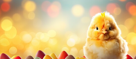 Aufkleber - Bright yellow Easter background with chicken and copy space