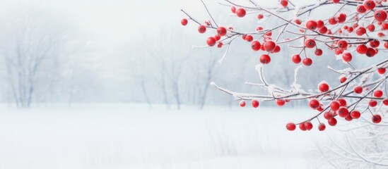Aufkleber - A scenic winter landscape featuring frozen red briar berries with copy space image