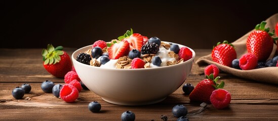 Wall Mural - Healthy breakfast Muesli from cereals with milk and berries. copy space available