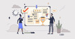 © VectorMine - Talent management and best candidate for job tiny person neubrutalism concept. Search professional employee with high skill vector illustration. HR or human resources work to find good personnel.