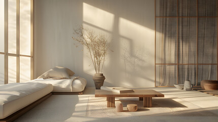Wall Mural - A minimalist living room with a white bed, a wooden coffee table