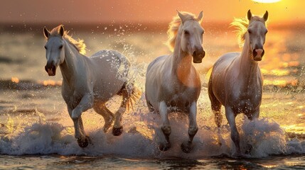 Wall Mural - Some white horses running on the beach, sunset, water splashes