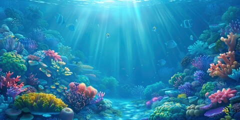 A beautiful coral reef with colorful corals and sun rays shining down