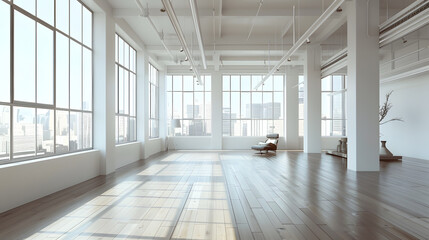 Wall Mural - A large, empty room with white walls and wooden floors