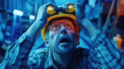 Wall Mural - Working people are stressed. telephoto lens realistic hyper realistic warning light blue