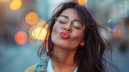 Wall Mural - A woman with glasses is kissing her own lips