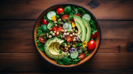 Wall Mural - Top view of a healthy salad bowl with fresh vegetables, nuts, and dressing on a wooden table