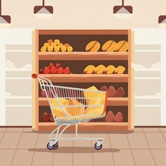 Shopping among market shelves, grocery cart concept illustrated visual