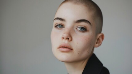 Wall Mural - A woman with a shaved head and a black jacket