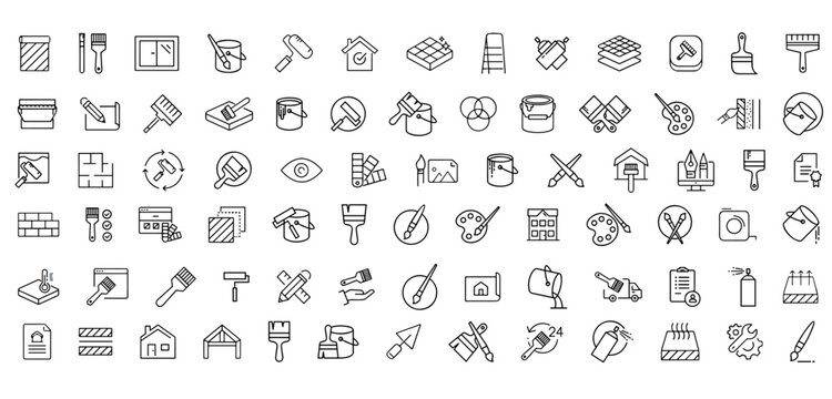 Painter icons Pixel perfect. Renovation, tool, wall.Vector graphic of painting icon collection