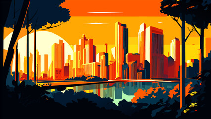 a cityscape with a central park, vector illustration