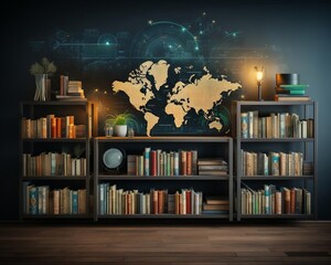 Bookshelf displaying textbooks with a global forex graph overlay