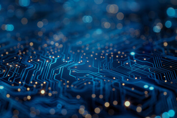 Wall Mural - Close-up of a futuristic and intricate blue circuit board with glowing connections, representing high-tech technology and modern electronics.