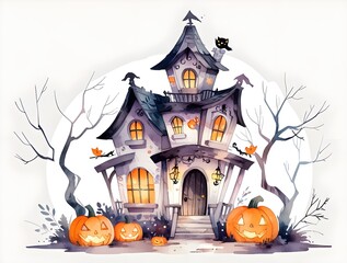 Wall Mural - A beautiful haunted house Halloween watercolor illustration. Generative AI