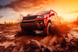 sunset. Offroad red car driving through mud, red 4x4 theme. high-speed highway. banner