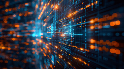 futuristic digital interface with glowing data streams and circuits in blue and orange hues, represe