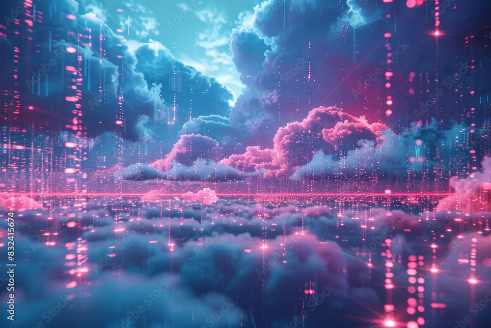 Futuristic digital landscape with vibrant neon clouds and glowing data ...