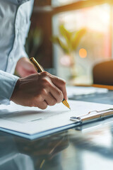 Close-up of a person writing on a document with a gold pen in a modern office setting, with sunlight streaming through the window.