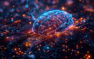 Wall Mural - A digital representation of a brain on a circuit board, symbolizing artificial intelligence and advanced technology in a futuristic setting.