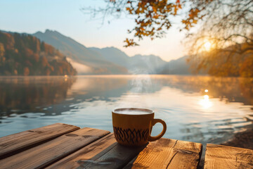 Wall Mural - cup of hot coffee or tea with lake and mountains view on the background