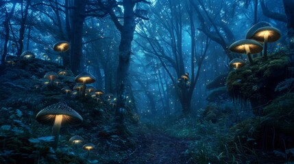 Wall Mural - Enchanted forest with glowing mushrooms for fantasy or magical themed designs