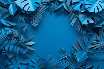 Wall Mural - Plants with tropical leaves in blue color with a space background