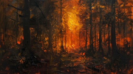 Wall Mural - Forest fire sunset landscape painting for nature or disaster themed designs
