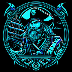 line art, pirates captain with steering a ship and skull, for t-shirt design isolated in dark