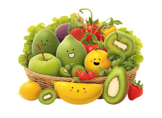 Wall Mural - basket of fruits and vegetables with cartoon faces isolated on transparent background