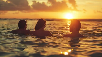 Wall Mural - Young couple enjoying sunset swim at the beach. Backlit. 