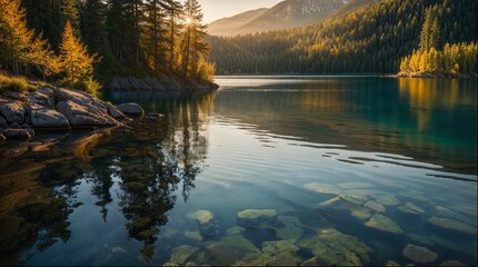 Wall Mural - A calm lake with a reflection of trees and mountains.