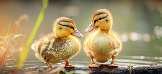 Wall Mural - A heartwarming image of two cute ducklings standing side by side, illuminated by soft, golden sunlight.