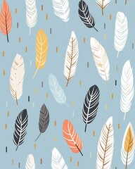 Wall Mural - Colorful feathers pattern on a blue background, perfect for fabric design, wallpaper, and stationery.