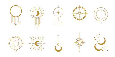 set of line art celestial and esoteric icons, vector illustration, white isolated background, gold c