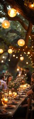 A cozy outdoor garden dinner party with string lights, candles, and people enjoying a festive atmosphere and delicious food under the night sky.