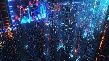 Wall Mural - Futuristic city with neon lights and data visualizations for technology or finance themed designs
